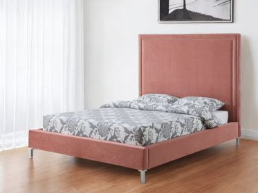 Solid Wood  Upholstered Velvet Bed with Nailhead Trim (Color: Blush, size: QUEEN)