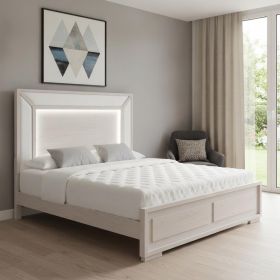 Beige Wood And Upholstery Lighted Upholstered  Bed Frame (size: Full)