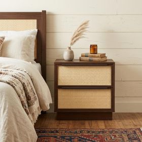 22" Wood Woven Texture Two Drawer Nightstand (Color: Walnut)
