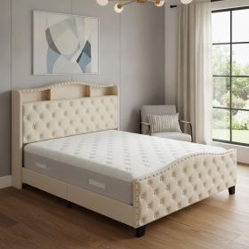 Tufted Velvet Upholstered  Bed Frame With Lights USB And Shelves (Color: Beige, size: QUEEN)