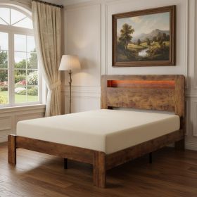 Brown Solid Wood Lighted Bed Frame With USB (size: QUEEN)