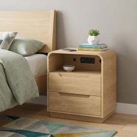 24" Wood Two Drawer Nightstand with USB Port and Integrated Tech (Color: Natural)