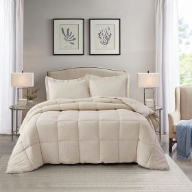 Beige 3 Piece Microfiber Reversible Comforter Set (size: QUEEN)