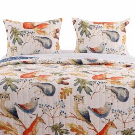 Blue Beige Birds Animals Floral Microfiber Reversible Quilt Set (size: Full/Queen)