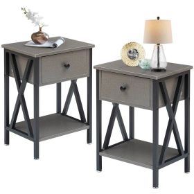 Set of 2 - 1 Drawer Nightstand in  Wood Finish (Color: Grey & Black)