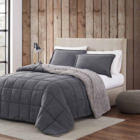 Plush Sherpa Reversible Micro Suede Comforter Set in Gray (size: KING)