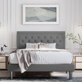 Dark Grey Linen Upholstered Platform Bed with Button-Tufted Headboard (size: KING)
