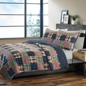 Farmhouse Red Navy Plaid 100-Percent Cotton Reversible Quilt Set (size: KING)