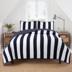 Reversible Navy White Stars Stripes 100-Percent Cotton Quilt Set (Option: 3 Pc, size: KING)