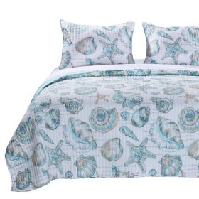 Coastal Seashells 3 Piece White Teal Polyester Reversible Quilt Set (size: KING)