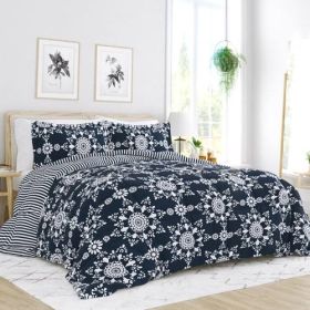 3-Piece Navy Blue White Reversible Floral Striped Comforter Set (size: KING)