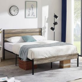 Industrial Farmhouse Rustic Wood Metal Platform Bed Frame with Headboard (size: QUEEN)