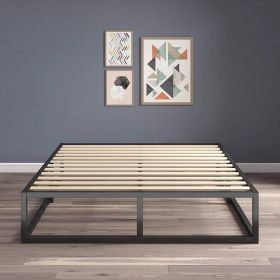 10-inch Low Profile Modern Metal Wood Slat Platform Bed Frame (size: QUEEN)