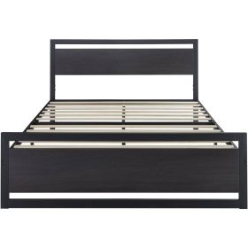 Black Metal Platform Bed Frame with Wood Panel Headboard and Footboard (size: QUEEN)