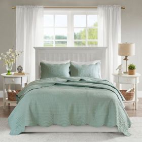 Reversible Scalloped Edges Microfiber Quilt Set in Seafoam (Option: 3 Pc, size: KING)