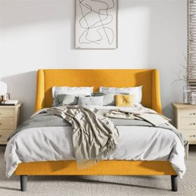 Upholstered Linen Blend Headboard Wingback Platform Bed in Yellow (size: KING)