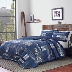 100-Percent Cotton Reversible 3 Piece Blue Patchwork Quilt Set (Option: 3 Pc, size: KING)