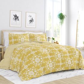 3 Piece Yellow Reversible Daisy Medallion Stripped Comforter Set (Option: 3 Pc, size: KING)