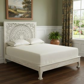 Carved Floral Distressed Solid Wood Bed Frame (Color: gray, size: QUEEN)
