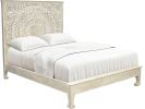 Carved Floral Distressed Solid Wood Bed Frame