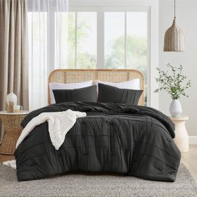 Pre-Washed Pleated Microfiber Comforter Set in Black (size: KING)
