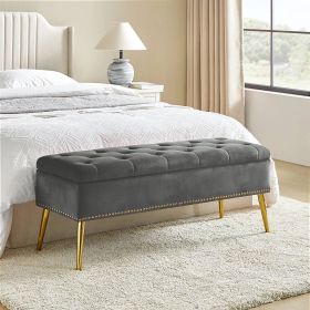 Mid-Century Modern End of Bed Storage Bench with Velvet Seat and Gold Legs (Color: gray)