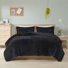 Black Soft Sherpa Faux Fur 3-Piece Comforter Set with Pillow Shams (Option: 3 Pc, size: King/Cal King)