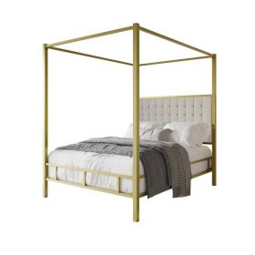 Gold Metal Canopy Bed with Upholstered Button-Tufted Headboard (size: KING)