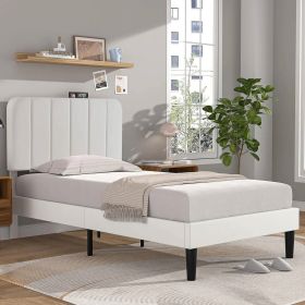 Twin size  Upholstered Platform Bed Frame with Headboard (Color: White)